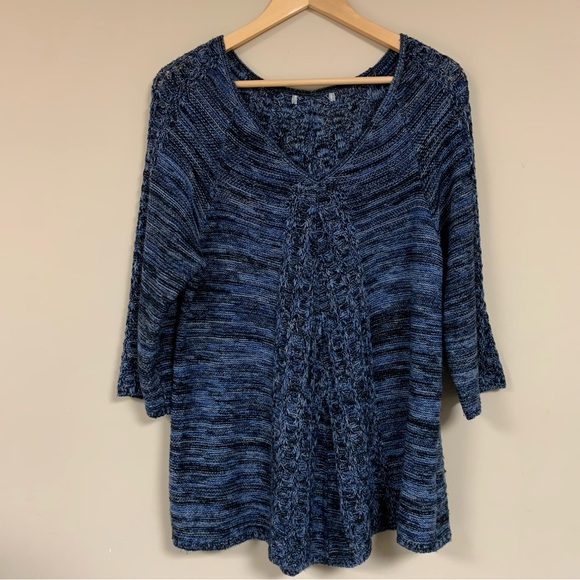 NY COLLECTION Cozy Sweater Large Blue Black Knit Oversized V Neck Casual Flowy - Picture 1 of 9